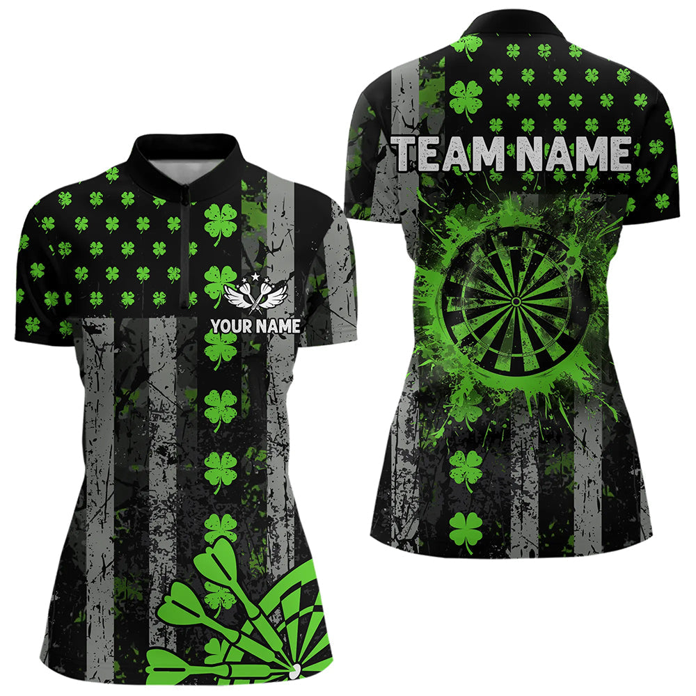 Green Grunge US Flag Luckiest Shamrock Patriotic Dart Shirt Custom St Patrick Day Dart Jersey
