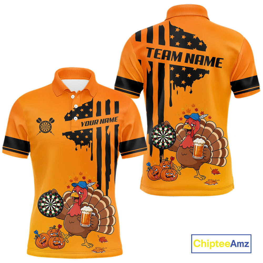 Custom Orange Funny Drunk Turkey US Flag Darts Jerseys, Thanksgiving Darts Team Shirts
