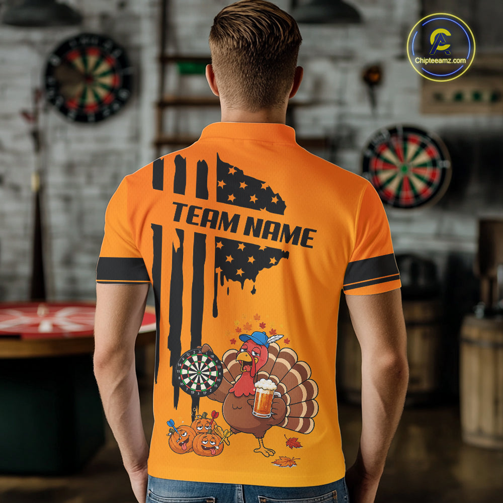 Custom Orange Funny Drunk Turkey US Flag Darts Jerseys, Thanksgiving Darts Team Shirts