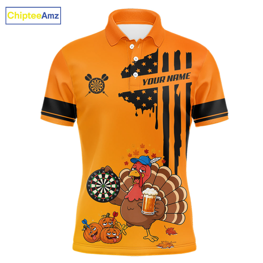Custom Orange Funny Drunk Turkey US Flag Darts Jerseys, Thanksgiving Darts Team Shirts