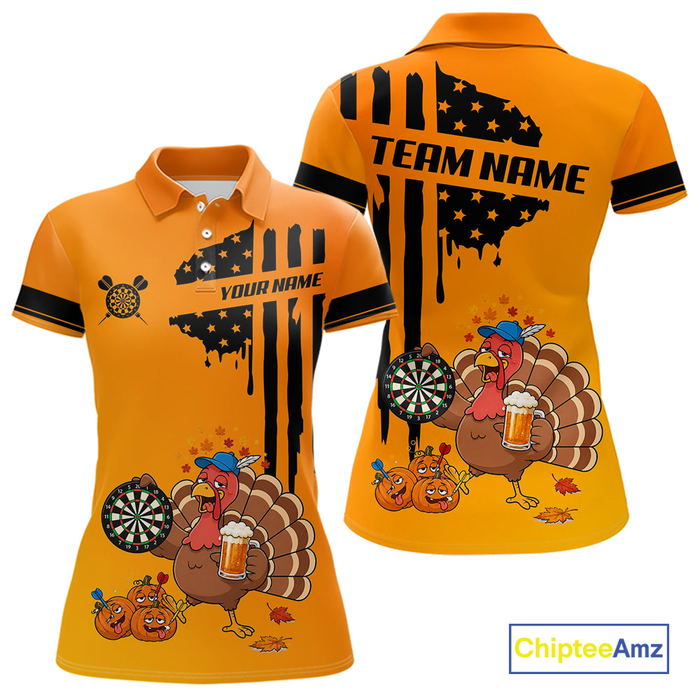 Custom Orange Funny Drunk Turkey US Flag Darts Jerseys, Thanksgiving Darts Team Shirts