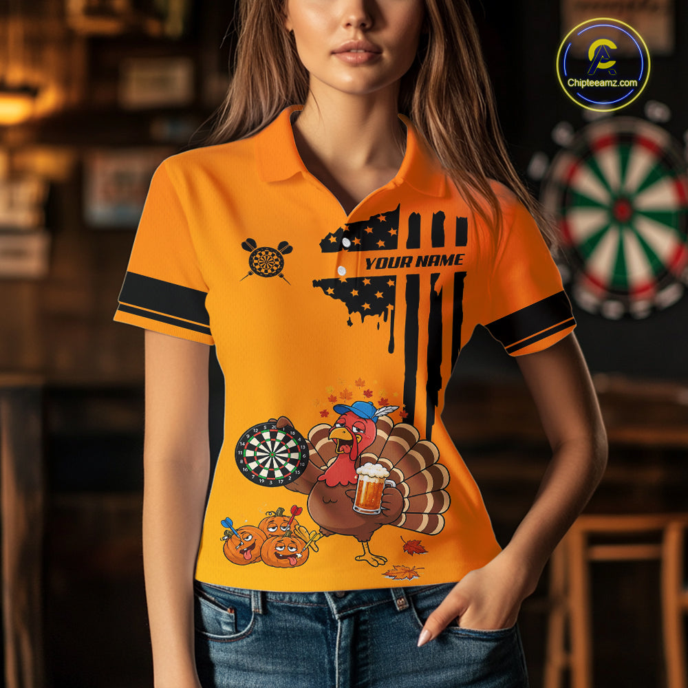 Custom Orange Funny Drunk Turkey US Flag Darts Jerseys, Thanksgiving Darts Team Shirts