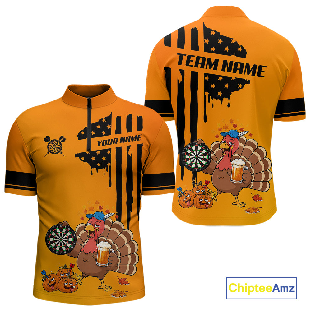 Custom Orange Funny Drunk Turkey US Flag Darts Jerseys, Thanksgiving Darts Team Shirts