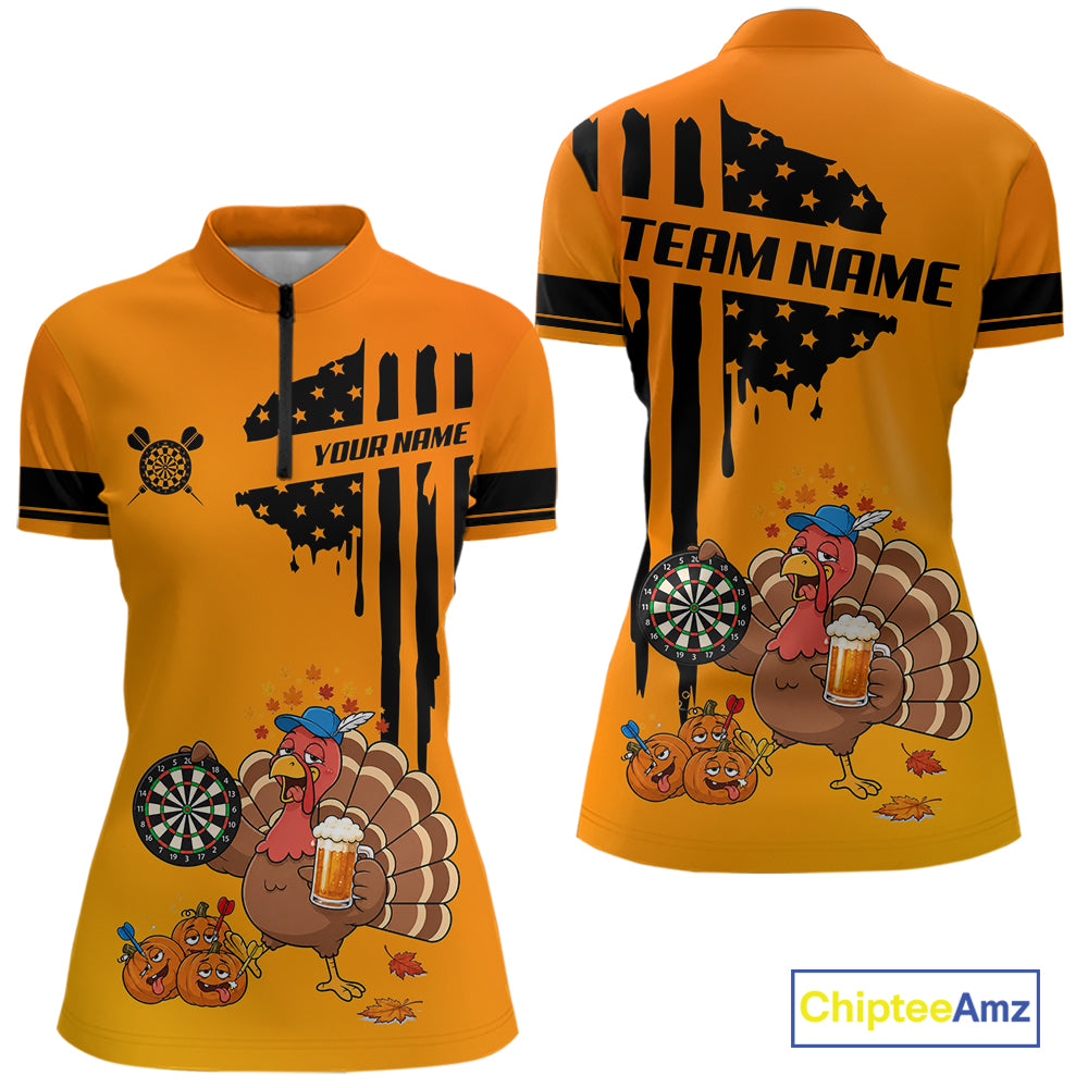 Custom Orange Funny Drunk Turkey US Flag Darts Jerseys, Thanksgiving Darts Team Shirts
