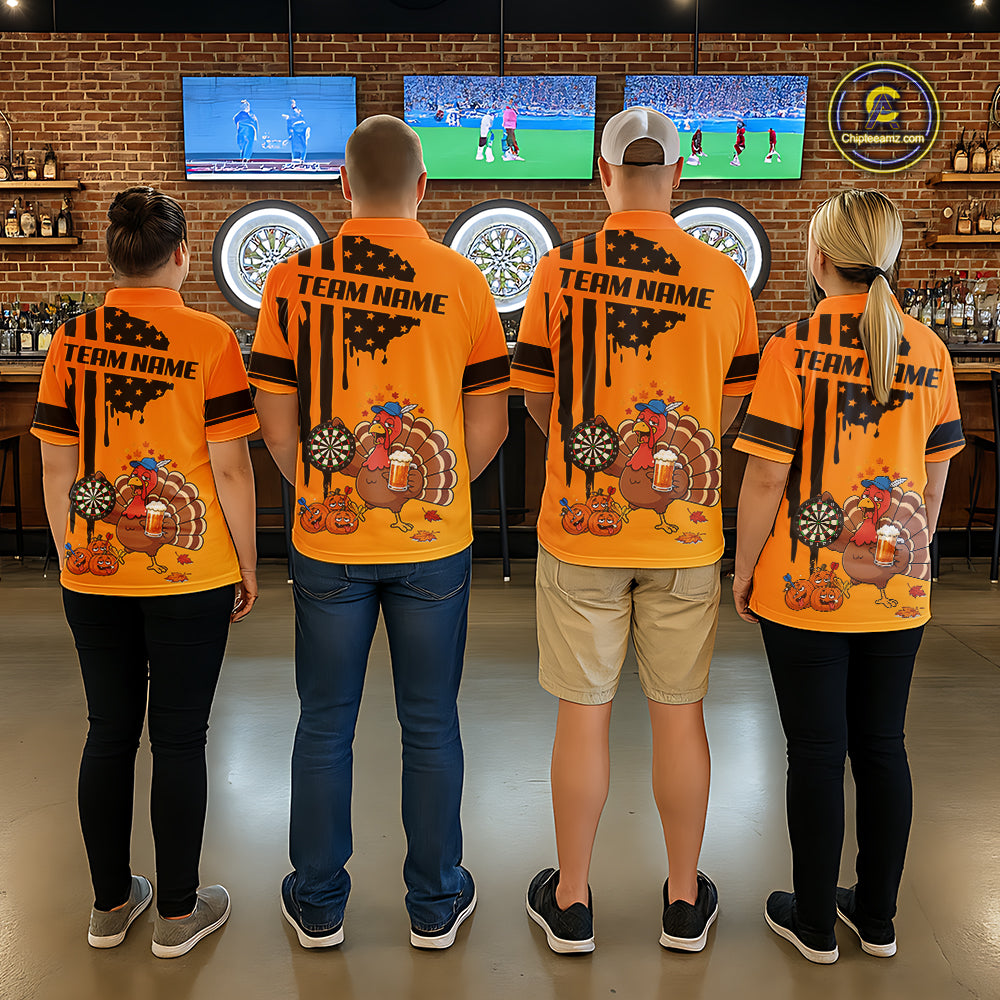 Custom Orange Funny Drunk Turkey US Flag Darts Jerseys, Thanksgiving Darts Team Shirts
