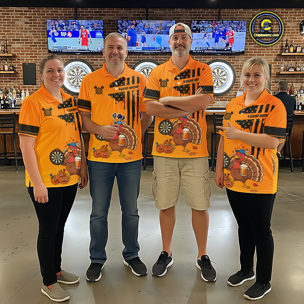 Custom Orange Funny Drunk Turkey US Flag Darts Jerseys, Thanksgiving Darts Team Shirts