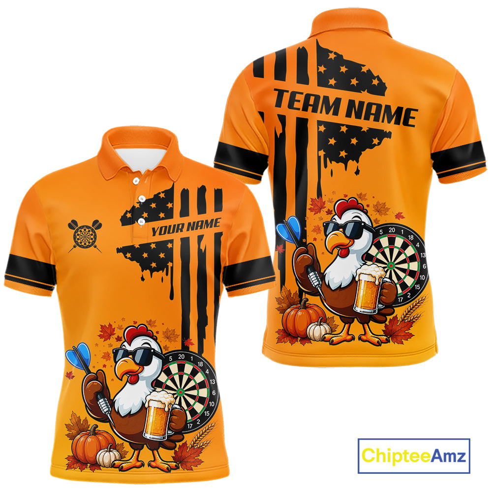 Custom Orange Funny Turkey Beer US Flag Darts Jerseys, Thanksgiving Darts Team Shirts