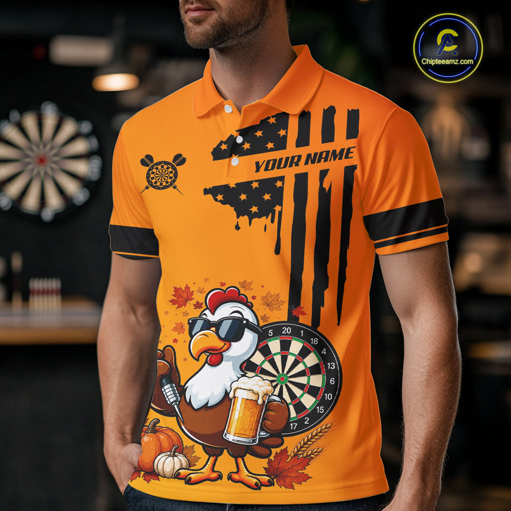 Custom Orange Funny Turkey Beer US Flag Darts Jerseys, Thanksgiving Darts Team Shirts