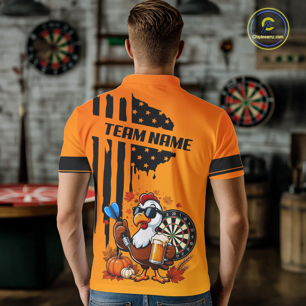 Custom Orange Funny Turkey Beer US Flag Darts Jerseys, Thanksgiving Darts Team Shirts