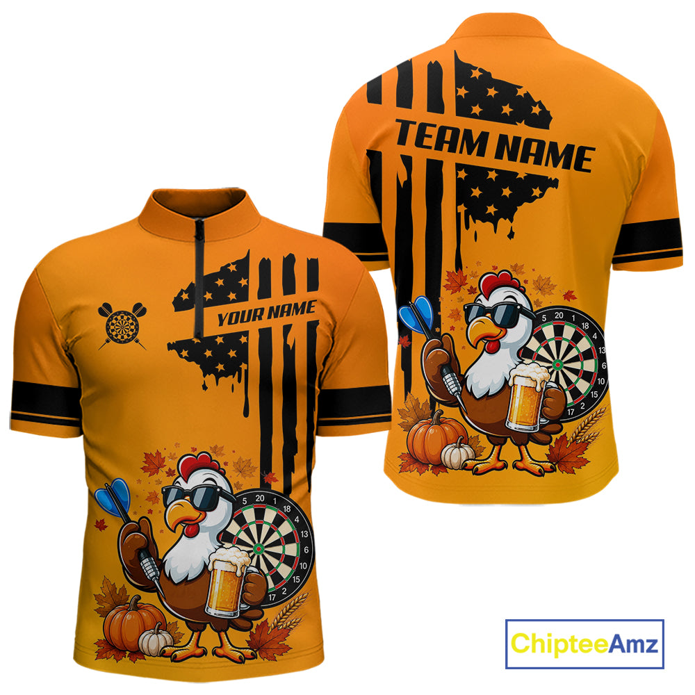 Custom Orange Funny Turkey Beer US Flag Darts Jerseys, Thanksgiving Darts Team Shirts