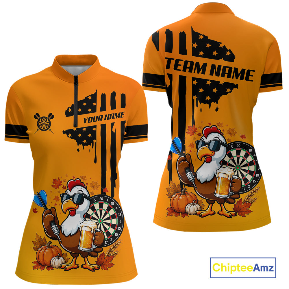 Custom Orange Funny Turkey Beer US Flag Darts Jerseys, Thanksgiving Darts Team Shirts