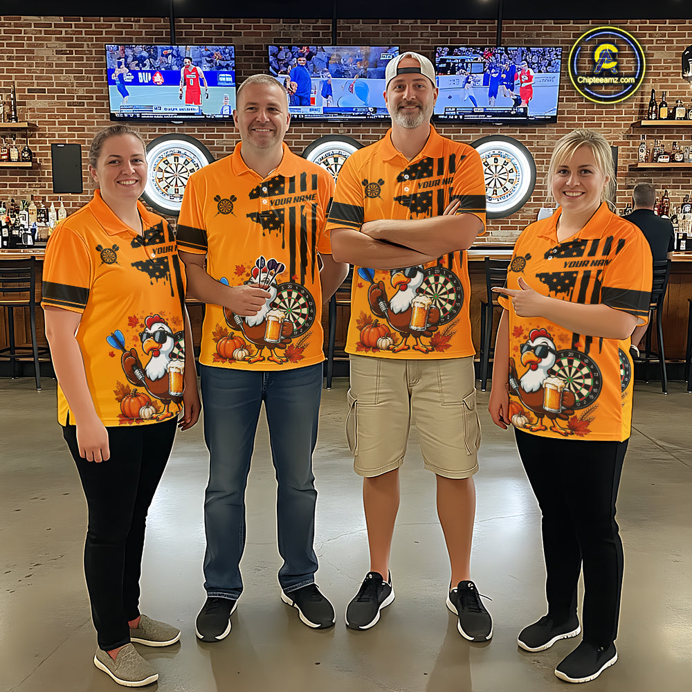 Custom Orange Funny Turkey Beer US Flag Darts Jerseys, Thanksgiving Darts Team Shirts