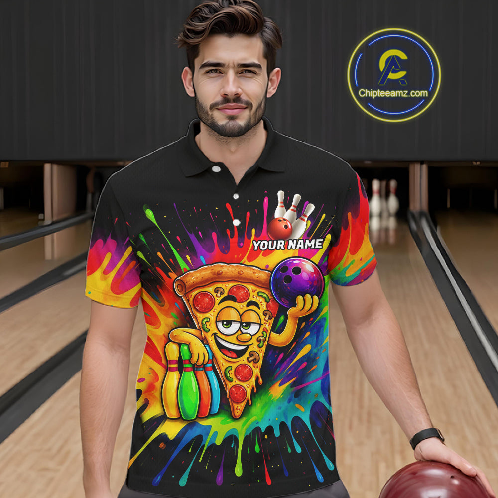 Colorful Bowling Jerseys Funny Pizza Bowling Polo, Quarter Zip Custom Bowling Team Shirts