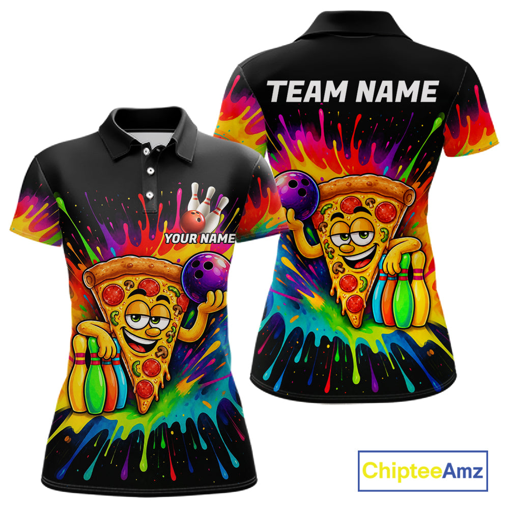Colorful Bowling Jerseys Funny Pizza Bowling Polo, Quarter Zip Custom Bowling Team Shirts