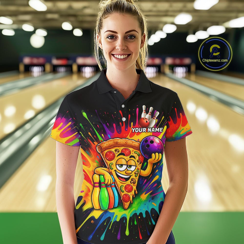 Colorful Bowling Jerseys Funny Pizza Bowling Polo, Quarter Zip Custom Bowling Team Shirts
