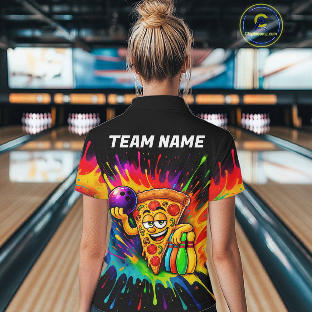 Colorful Bowling Jerseys Funny Pizza Bowling Polo, Quarter Zip Custom Bowling Team Shirts