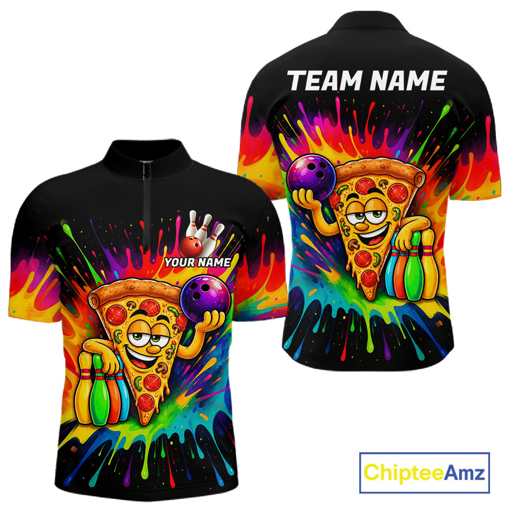 Colorful Bowling Jerseys Funny Pizza Bowling Polo, Quarter Zip Custom Bowling Team Shirts