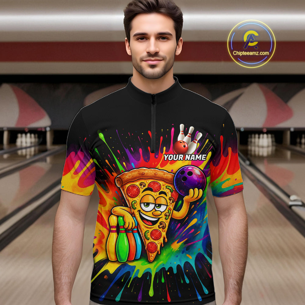 Colorful Bowling Jerseys Funny Pizza Bowling Polo, Quarter Zip Custom Bowling Team Shirts