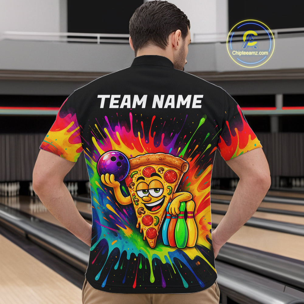 Colorful Bowling Jerseys Funny Pizza Bowling Polo, Quarter Zip Custom Bowling Team Shirts
