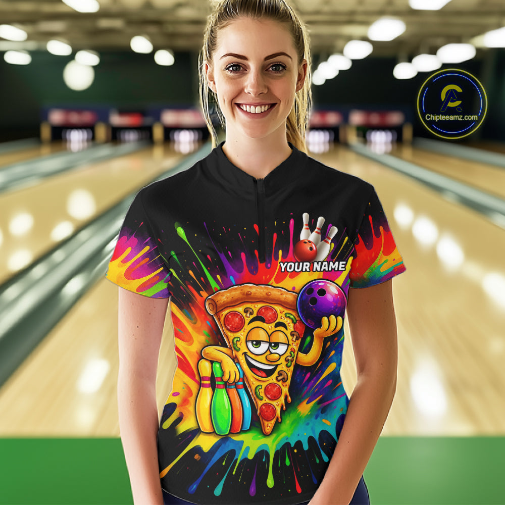 Colorful Bowling Jerseys Funny Pizza Bowling Polo, Quarter Zip Custom Bowling Team Shirts