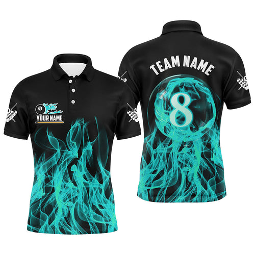 3D Turquoise Flaming 8 Ball Pool Billiard Polo & 1/4 Zip Shirt Custom Pool Player Jersey