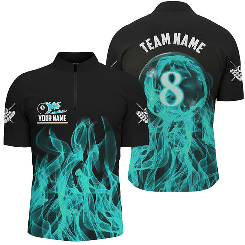 3D Turquoise Flaming 8 Ball Pool Billiard Polo & 1/4 Zip Shirt Custom Pool Player Jersey