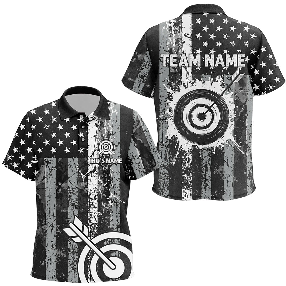 Custom Black Grunge USA Flag Archery Shirts, Patriotic American Archery Team Jerseys