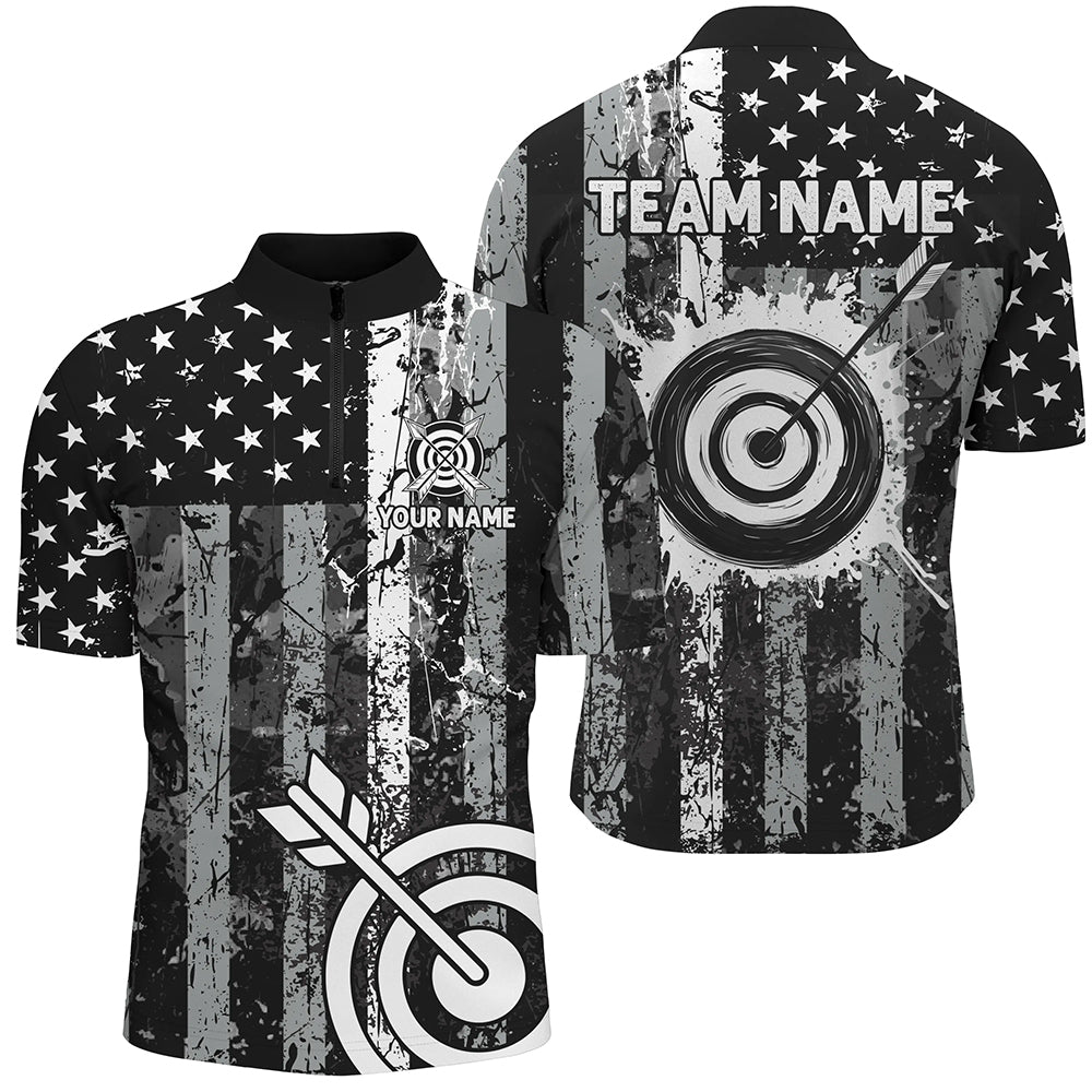 Custom Black Grunge USA Flag Archery Shirts, Patriotic American Archery Team Jerseys