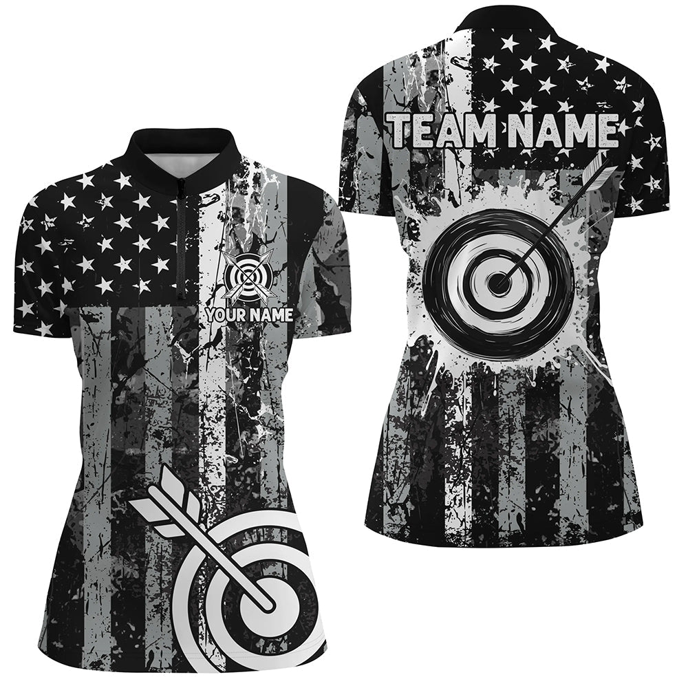 Custom Black Grunge USA Flag Archery Shirts, Patriotic American Archery Team Jerseys