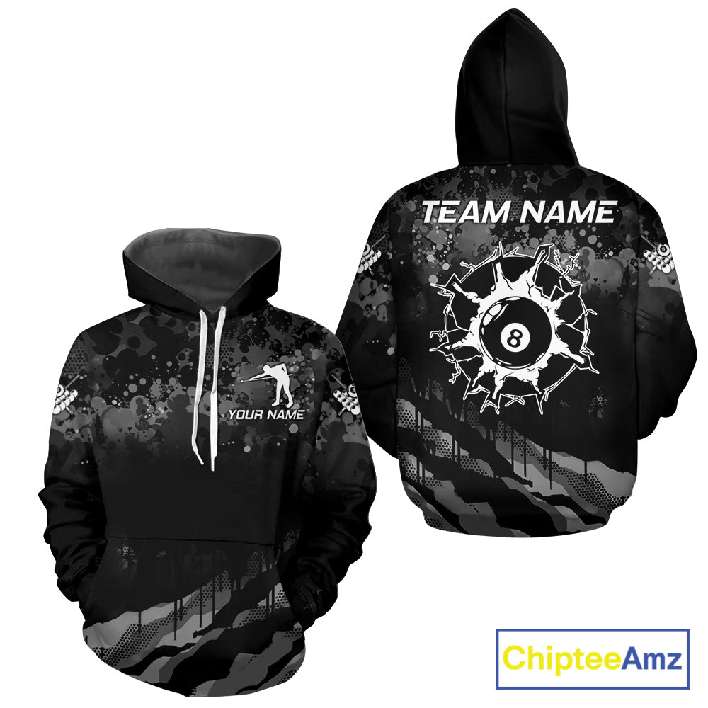 Personalized Grunge Camo 8 Ball Pool Billiard Hoodie Custom Black Billiard Team Shirts