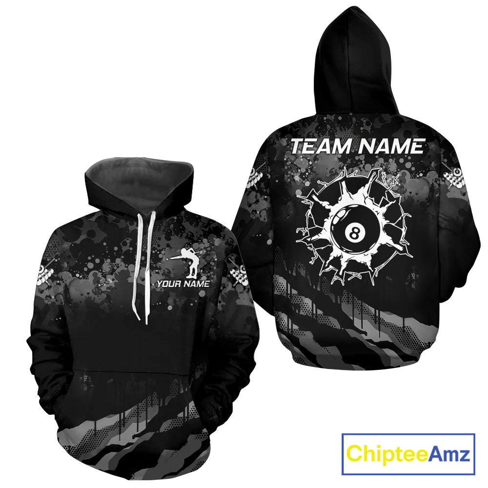 Personalized Grunge Camo 8 Ball Pool Billiard Hoodie Custom Black Billiard Team Shirts