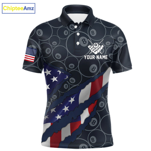 Navy Blue US Flag 8 Ball Billiard Shirt Custom Patriotic Pool Team Jersey Polo & 1/4 Zip