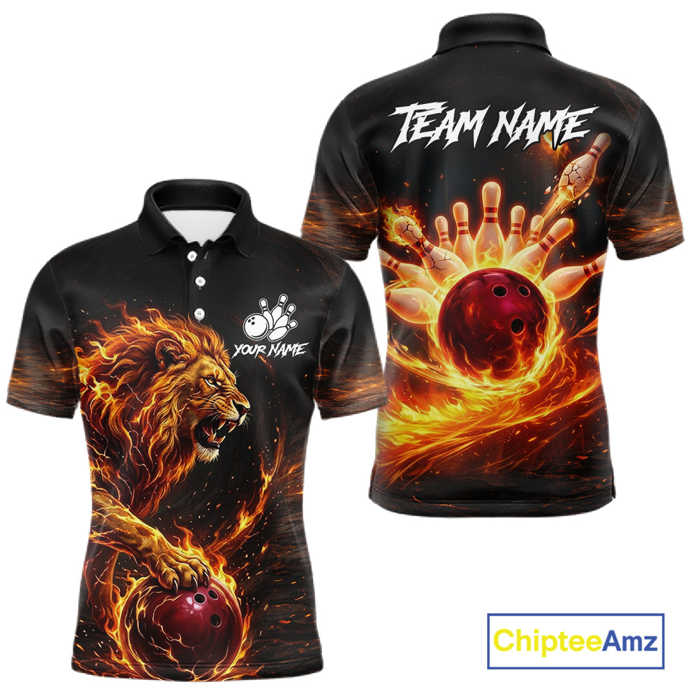 Personalized Fire Flame Lion Bowling Jersey Custom Bowling Team Shirt Polo & 1/4 Zip
