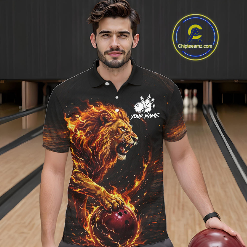 Personalized Fire Flame Lion Bowling Jersey Custom Bowling Team Shirt Polo & 1/4 Zip