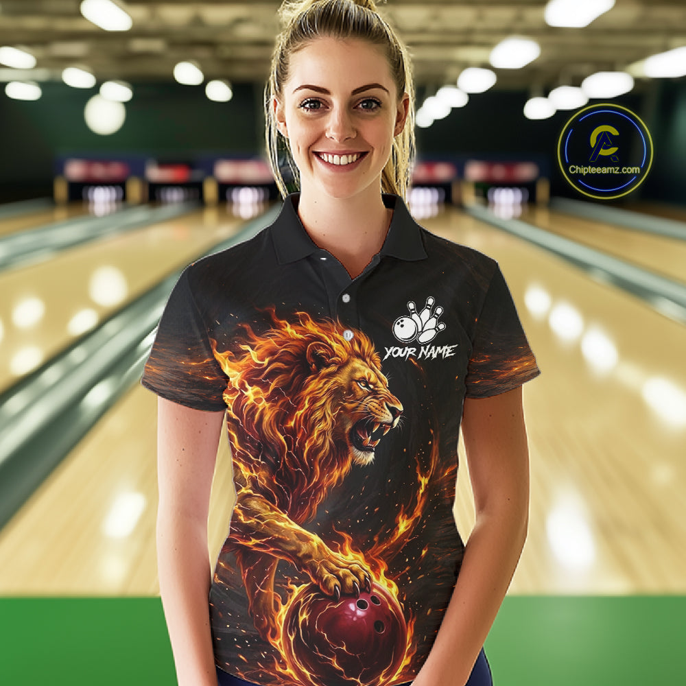Personalized Fire Flame Lion Bowling Jersey Custom Bowling Team Shirt Polo & 1/4 Zip