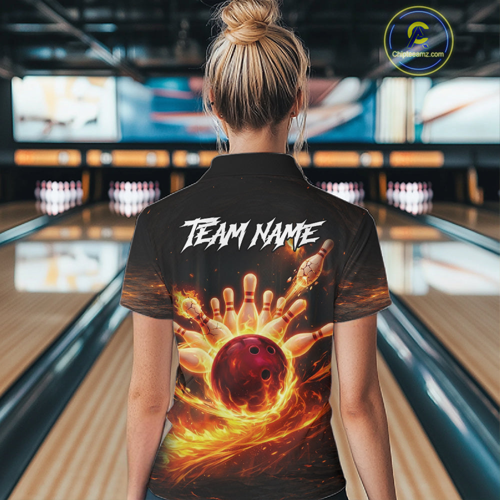Personalized Fire Flame Lion Bowling Jersey Custom Bowling Team Shirt Polo & 1/4 Zip