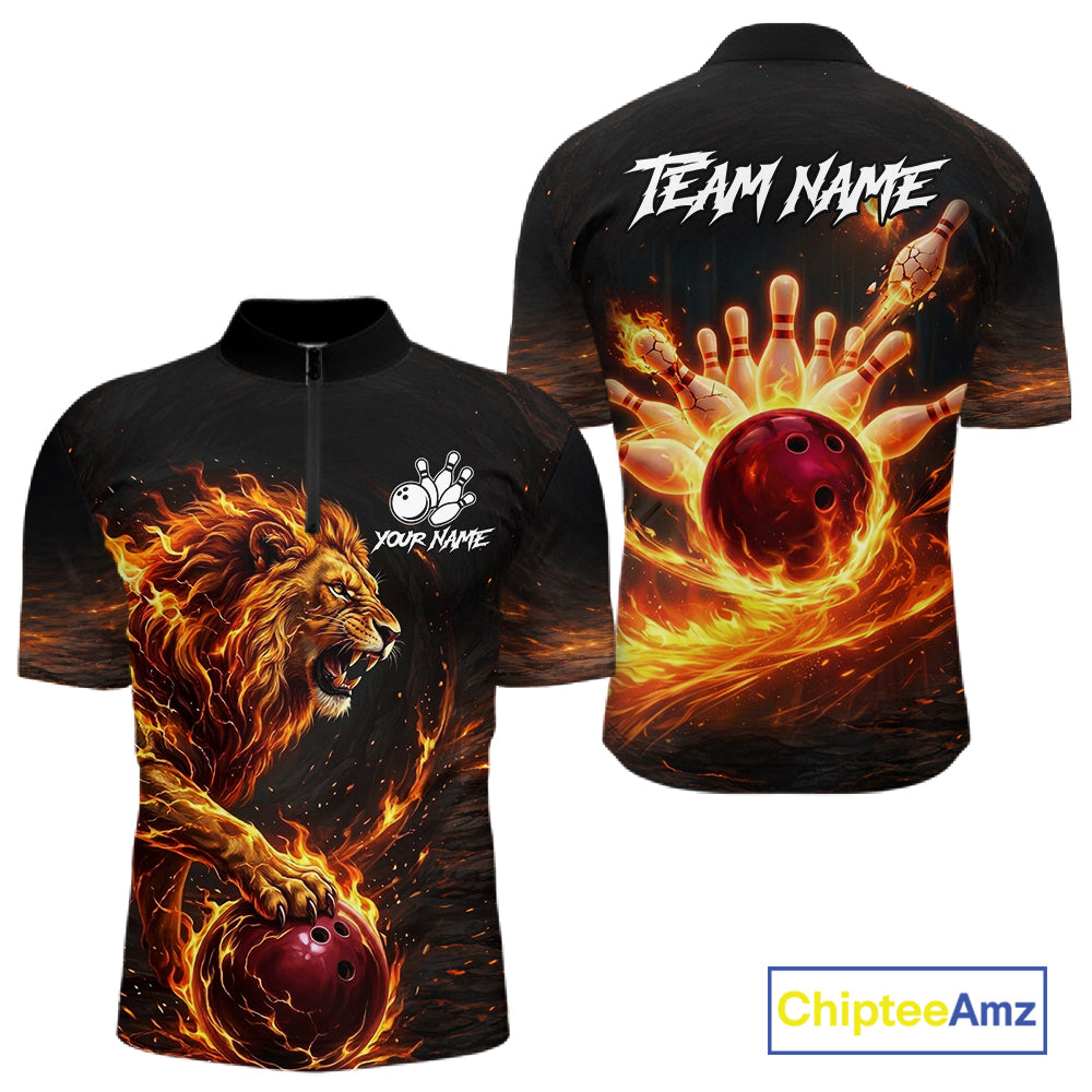 Personalized Fire Flame Lion Bowling Jersey Custom Bowling Team Shirt Polo & 1/4 Zip