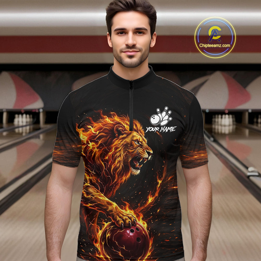 Personalized Fire Flame Lion Bowling Jersey Custom Bowling Team Shirt Polo & 1/4 Zip