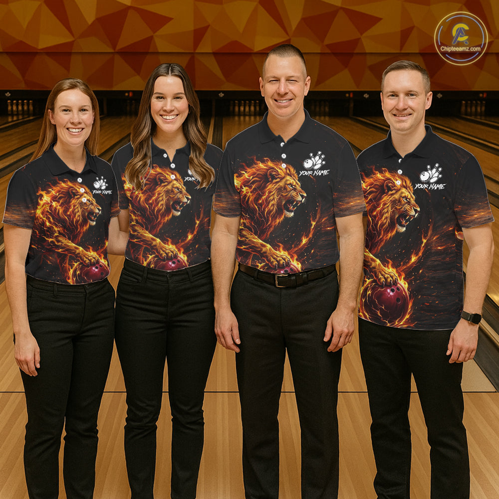 Personalized Fire Flame Lion Bowling Jersey Custom Bowling Team Shirt Polo & 1/4 Zip