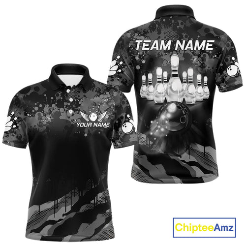 Custom Black And Grey Camo Bowling Shirt, Grunge Bowling Team Jersey Polo & 1/4 Zip