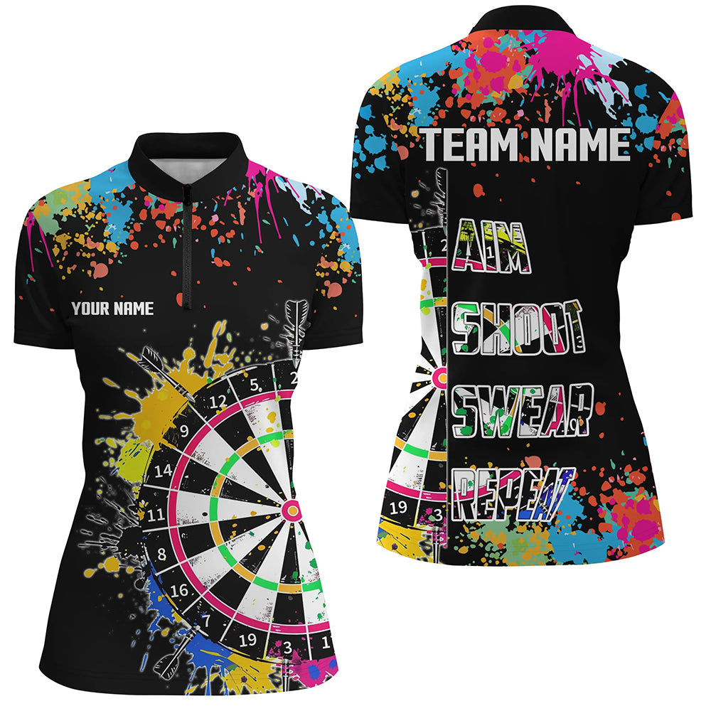 Funny Dartboards Colorful Paint Aim Shoot Swear Repeat Custom Darts Shirt, Dart Jerseys