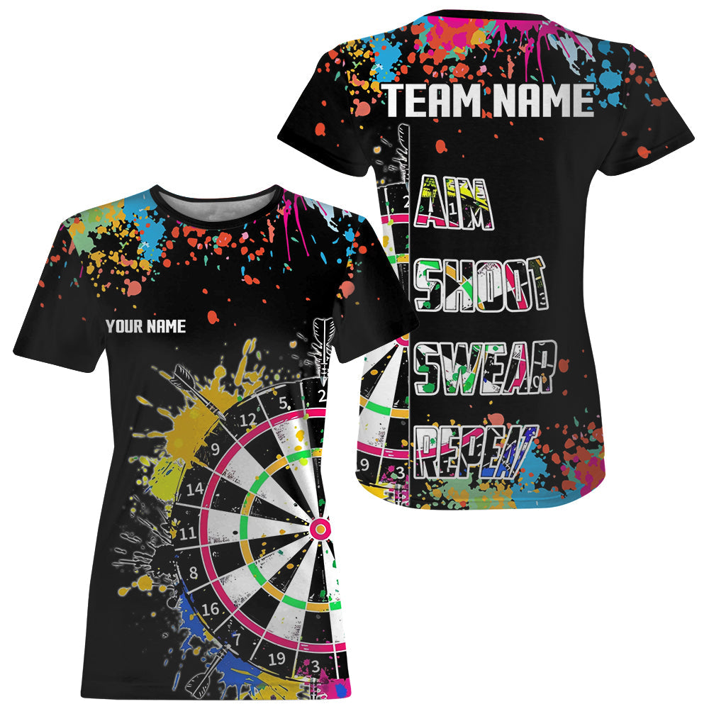 Funny Colorful Paint Aim Shoot Swear Repeat Darts T Shirts Custom Darts Team Jersey