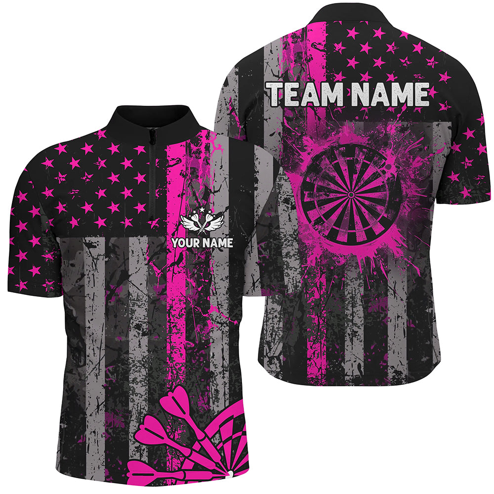 Custom Pink Grunge US Flag Patriotic Darts Shirt, Retro Darts Board Darts Team Jerseys