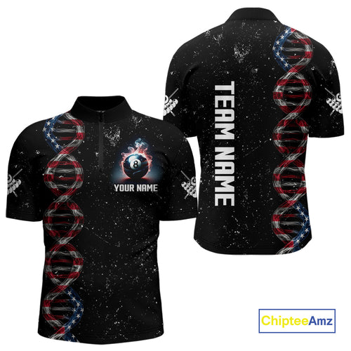 's Custom DNA American Flag Smoke 8 Ball Billiard Shirt, Patriotic Pool Jersey Polo & 1/4 Zip