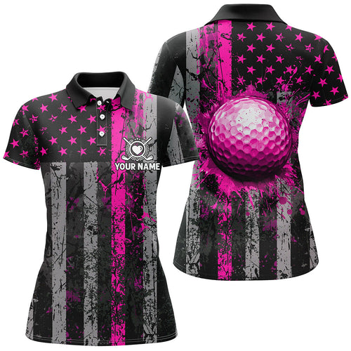 Pink Grunge American Flag Golf Polo Shirts Custom Patriotic Golf Shirts, Golf Gifts