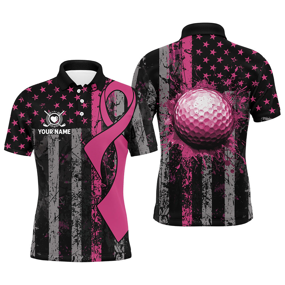 Pink Ribbon Breast Cancer Awareness Golf Polo Shirts Custom Patriotic US Flag Golf Gifts