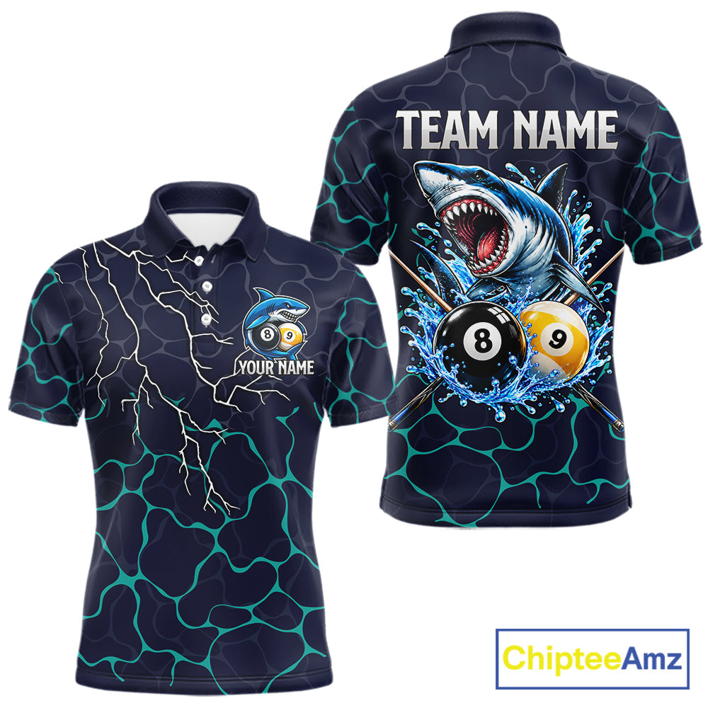Blue Funny Shark 8 Ball & 9 Ball Lightning Billiard Shirts Custom Pool Team Jersey