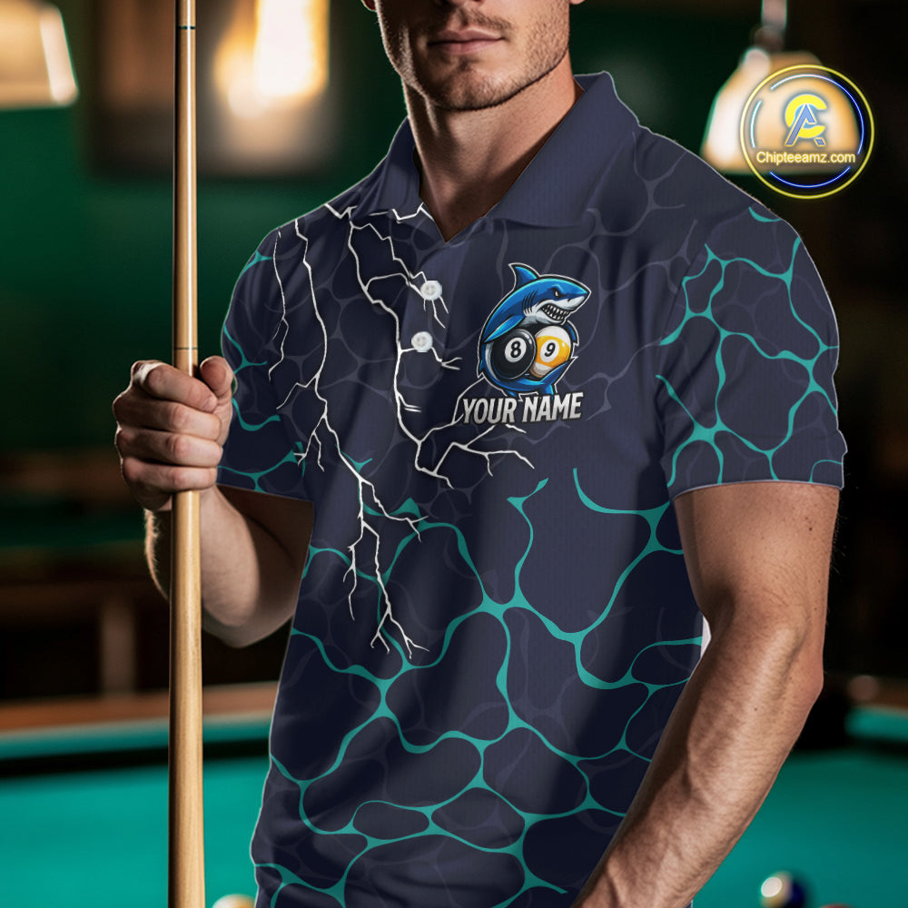 Blue Funny Shark 8 Ball & 9 Ball Lightning Billiard Shirts Custom Pool Team Jersey