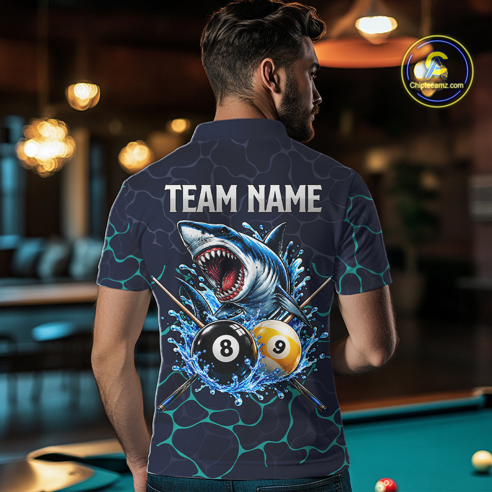 Blue Funny Shark 8 Ball & 9 Ball Lightning Billiard Shirts Custom Pool Team Jersey