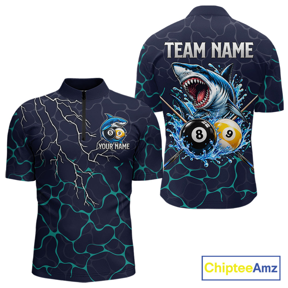 Blue Funny Shark 8 Ball & 9 Ball Lightning Billiard Shirts Custom Pool Team Jersey